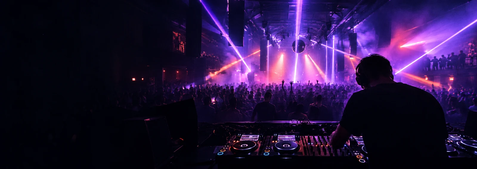Cabina de DJ frente a una pista de baile iluminada por láseres violetas